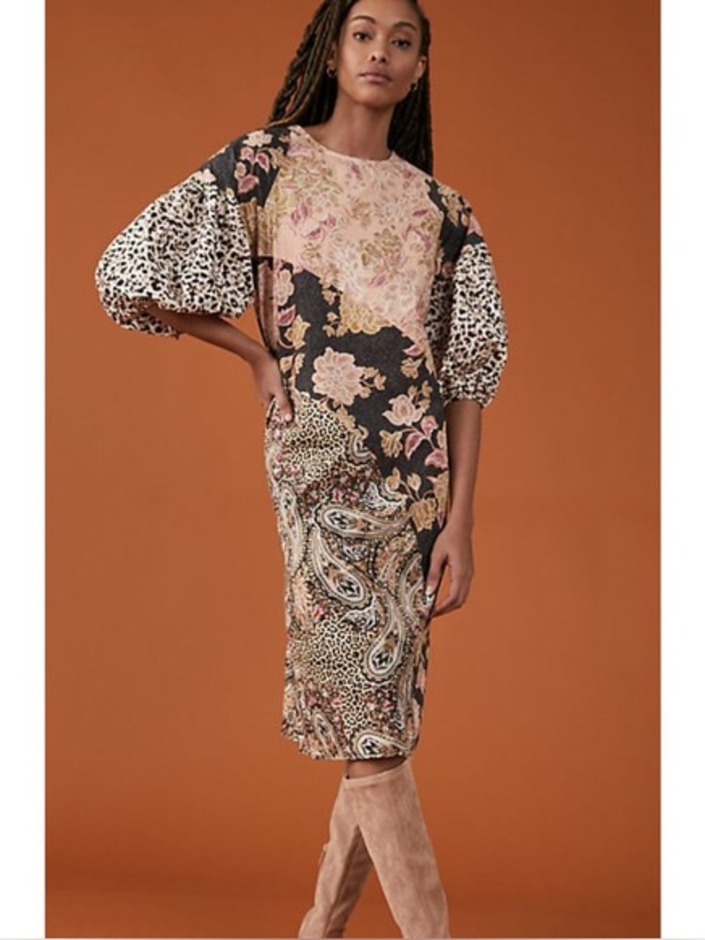 Anthropologie Mixed-Print Patchwork Balloon-Sleeve Dress in Pink and Black